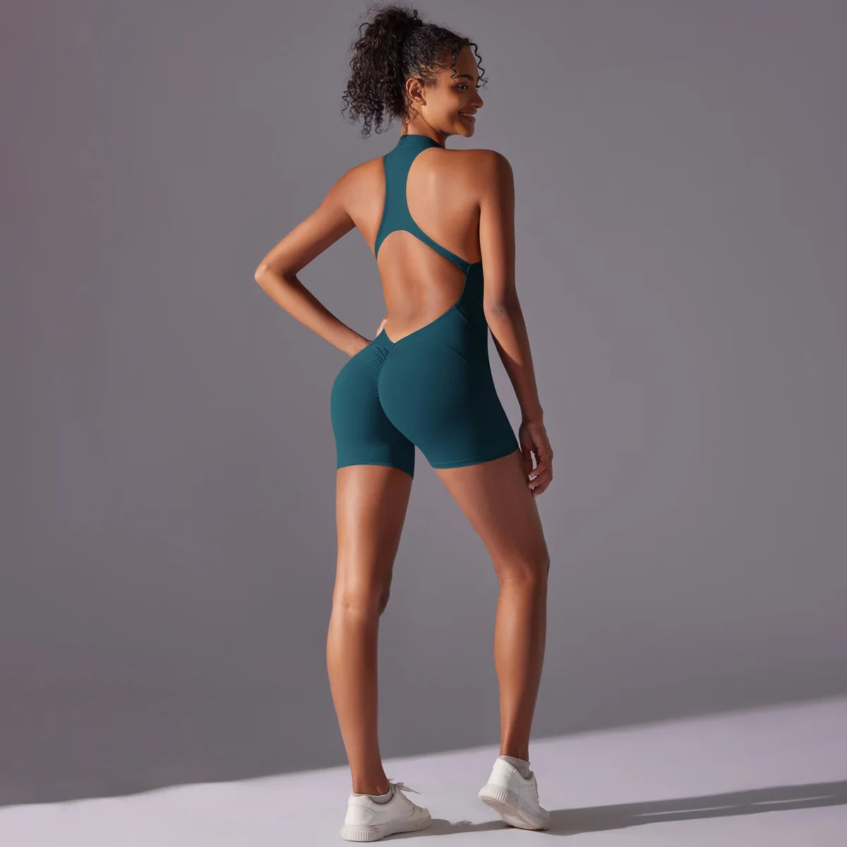 Women's High Neck Zip-Up Yoga Bodysuit, Sleeveless Hollow Back Scrunch Butt Lifting Romper, Buttery Soft Workout Activewear