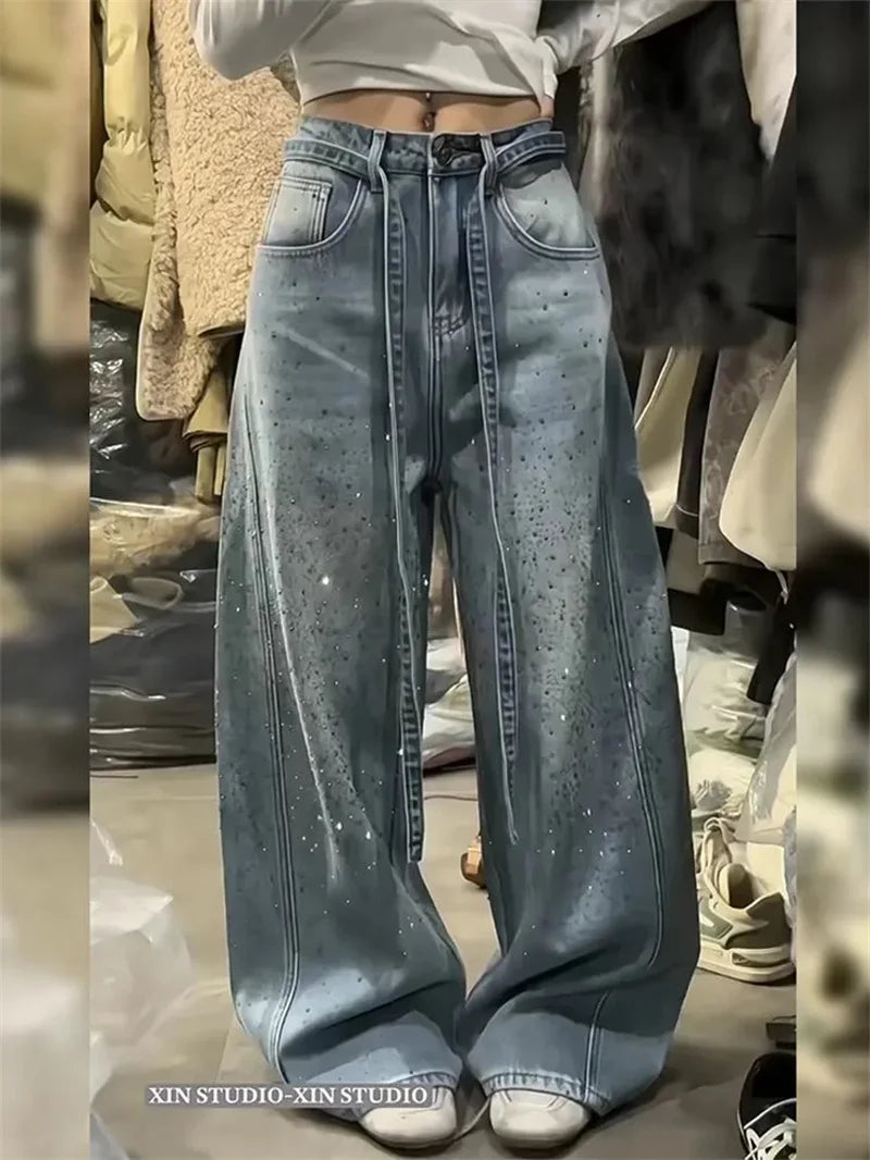 Korean Loose Women Denim Pants 2026 New Autumn Winter Retro Hot Diamond Long Cowboy Trousers Ladies Casual Streetwear Jeans