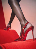 2024 Spring/Summer New Internet Celebrity 12cm Pointed Red Bottom High Heels for Women, Thin Heels, Sexy Back Headless Sandals