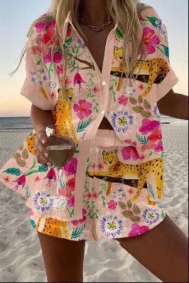 Fashion Print Beach Holiday Set For Women Summer New Short Sleeve Buttoned Shirt Wide Legs Shorts Oversized Two Piece Set