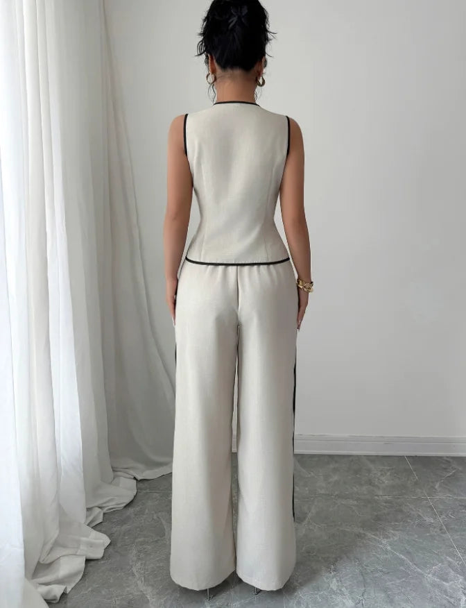 New Women's Elegant Button Vest & Wide Leg Pants Set Temperament Two Piece Outfits Woman Summer Fashion Two-Piece Casual Sets
