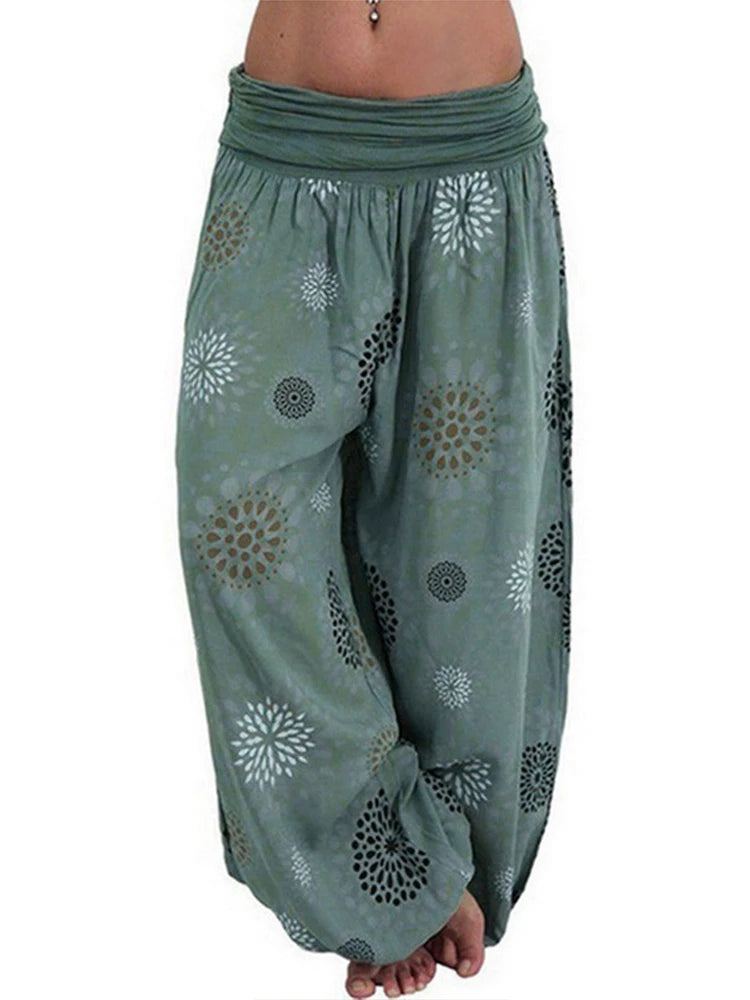 Women's Pants Floral Printed Patchwork Pleaded Harem Pants Bohemian Female High Waist Wide Leg Trousers Casual Ladies Streetwear