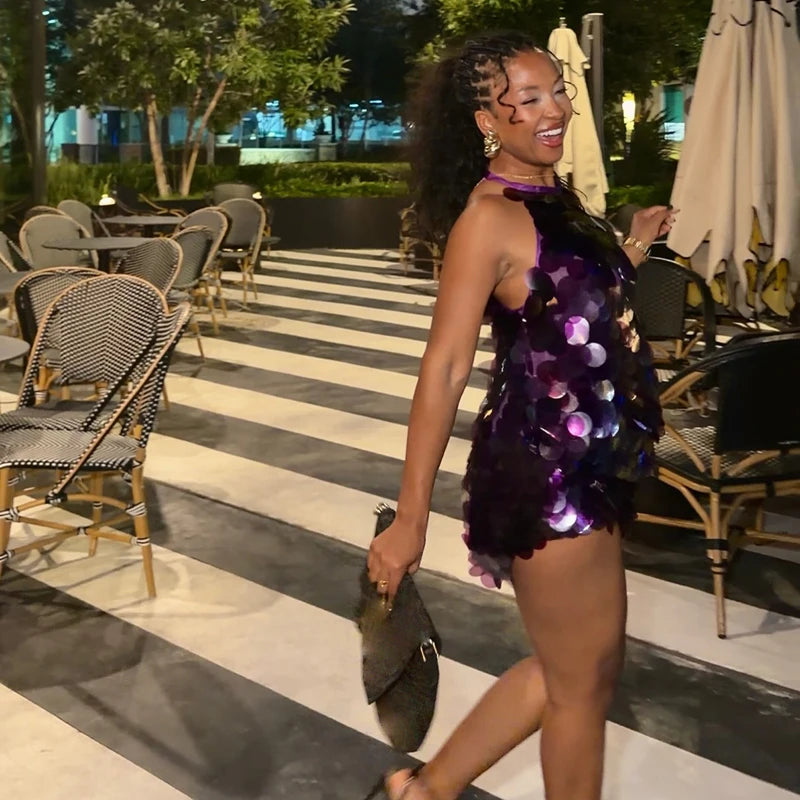 Women's 2026 Light Blue Halter Sequin Dress Sleeveless Loose Large Sequin A-Line Mini Dress Summer Evening Party Shining Gown