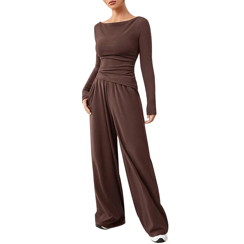 Trendy Slim Solid Color Trousers Suit For Women Simple Slim Irregular T-shirt Wide-leg Trousers Two-piece Casual Spring Suit