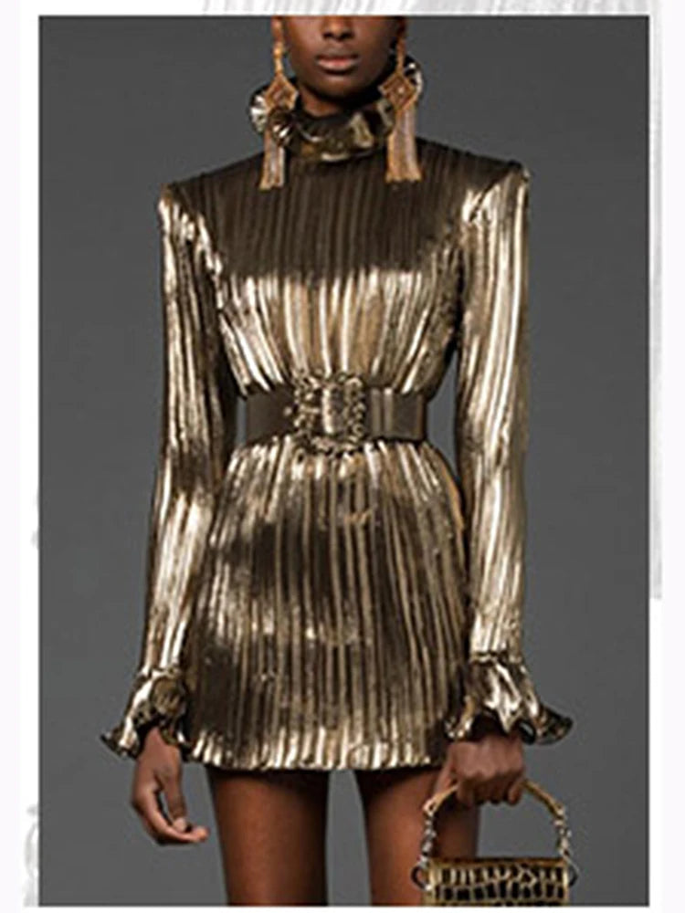 HIGH Quality 2026 Fashion Women's Sexy Luxury Glitter Flare Long Sleeve Belted Pleated Mini Party Dress