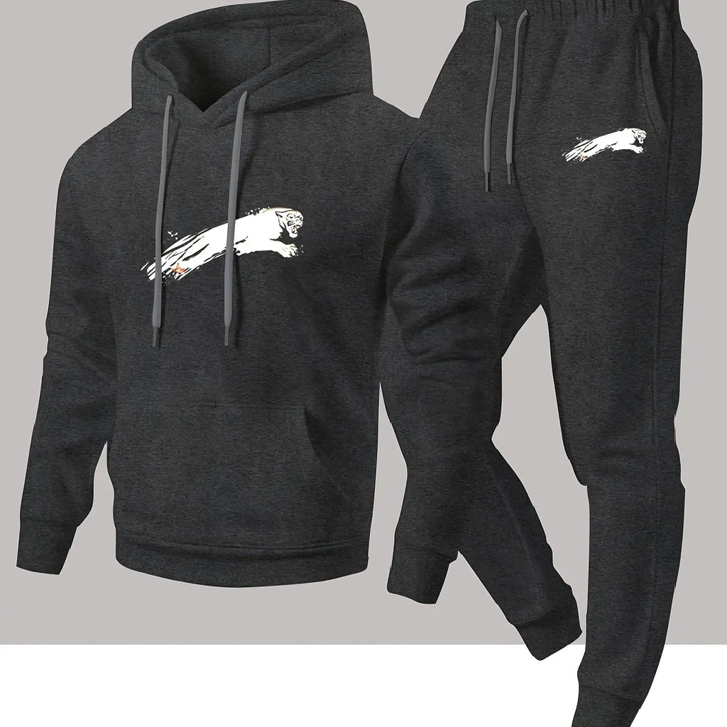 Men's street‑style black panther print hooded sweatshirt and jogging pants set - a comfortable and casual sports outfit