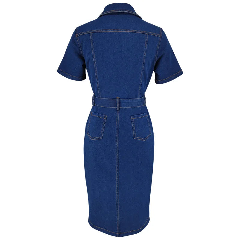 Denim Lapel Short Sleeve Dress Women Waist Slim Casual Dress