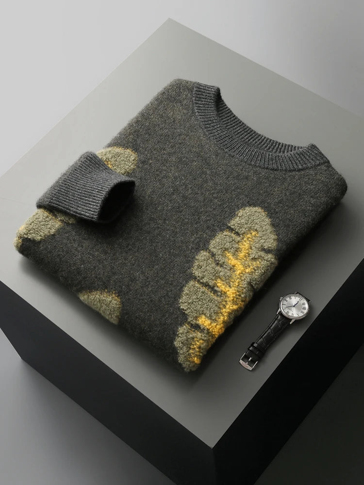 Jacquard Autumn Winter New Cashmere Sweater Men's Round Neck Pullover 100% Merino Wool Knitted Casual Fashion Retro Thicken Top