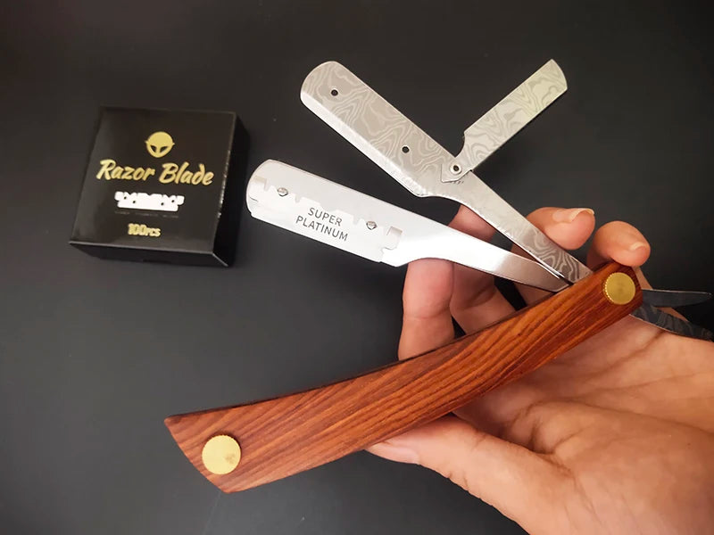 wooden trimmer manual shaver professional straight edge stainless steel sharp barber razor folding shaving blade shave beard cut