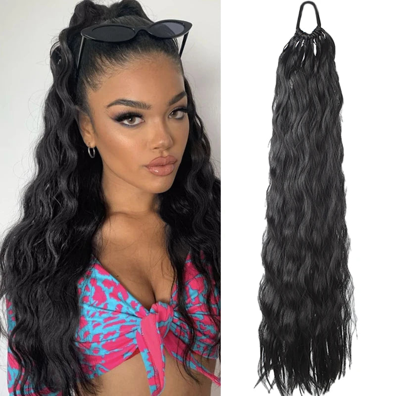 Synthetic Long Curly Hair Ponytail 24inch Wavy Ponytail Extensions with Elastic Hair Tie Women Hairpiece for Daily Party Wear