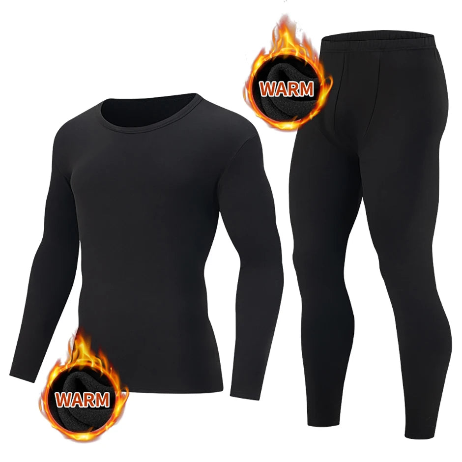 2-piece Men's Autumn/Winter Black Fashionable Versatile Warm Base Set Youth Round Neck Long Sleeved T-shirt Elastic Waisted Pant