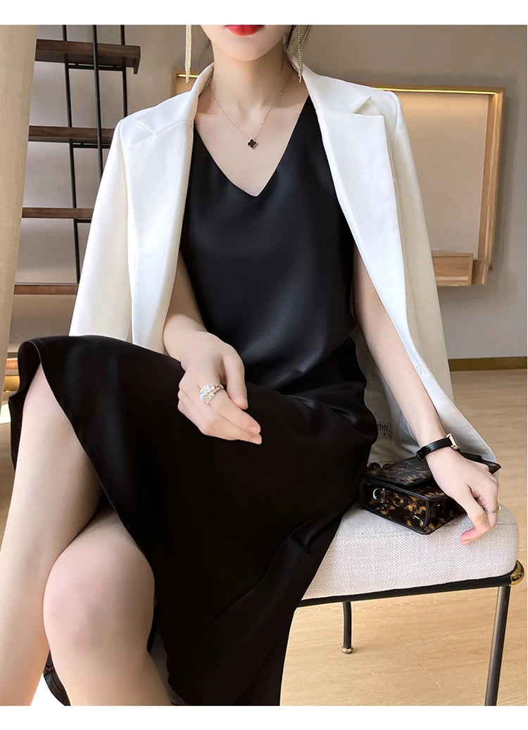 LHZSYY Silk Satin Front/Back V-neck Sling Dress Women's Sleeveless Waistcoat Top Spring Summer New Mulberry Silk Hip Long Skirts