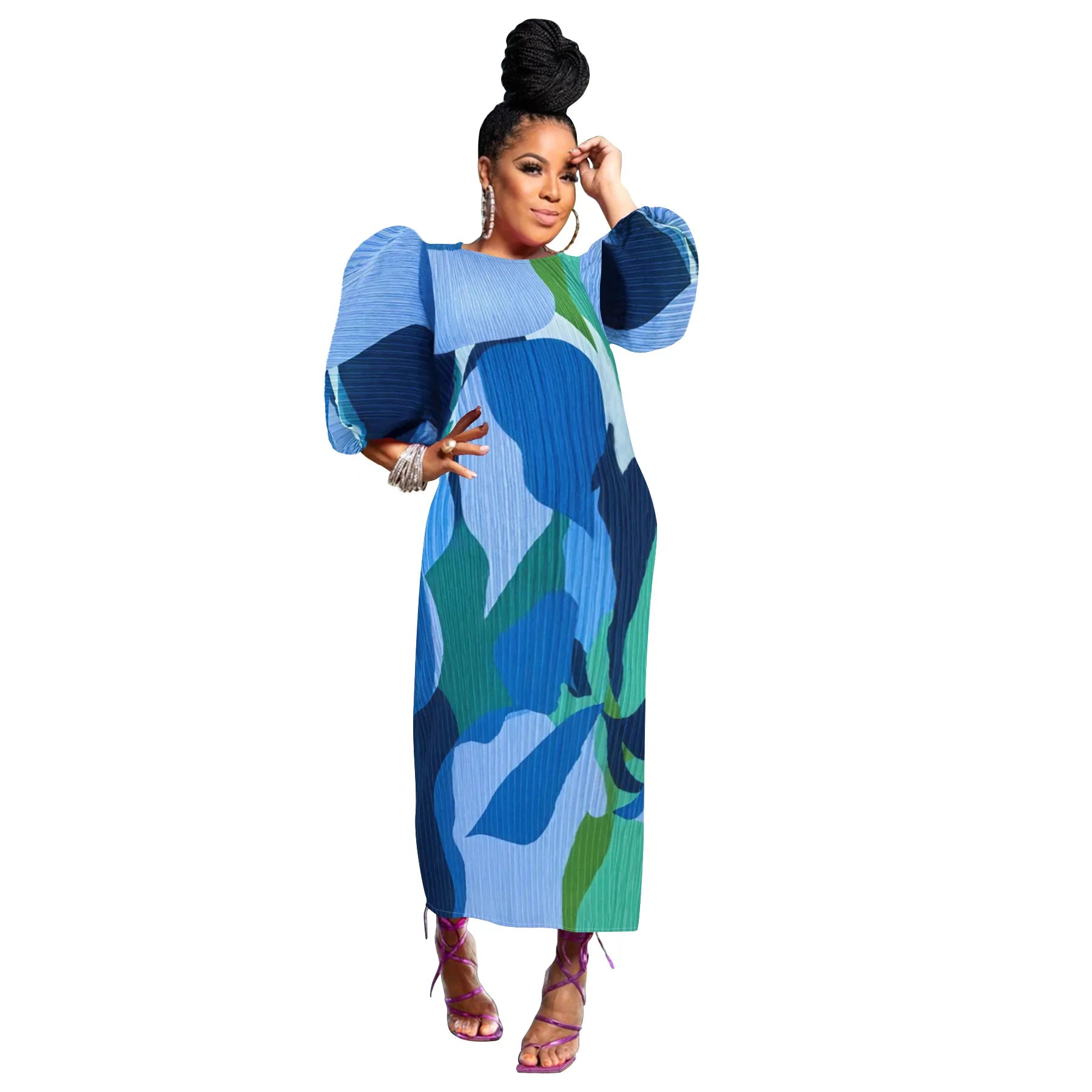 Elegant Women Pleated Half Lantern Sleeve O-neck Slim Maxi Long Dress Print Fashion Autumn 2025 Ruched Dresses Vestidos