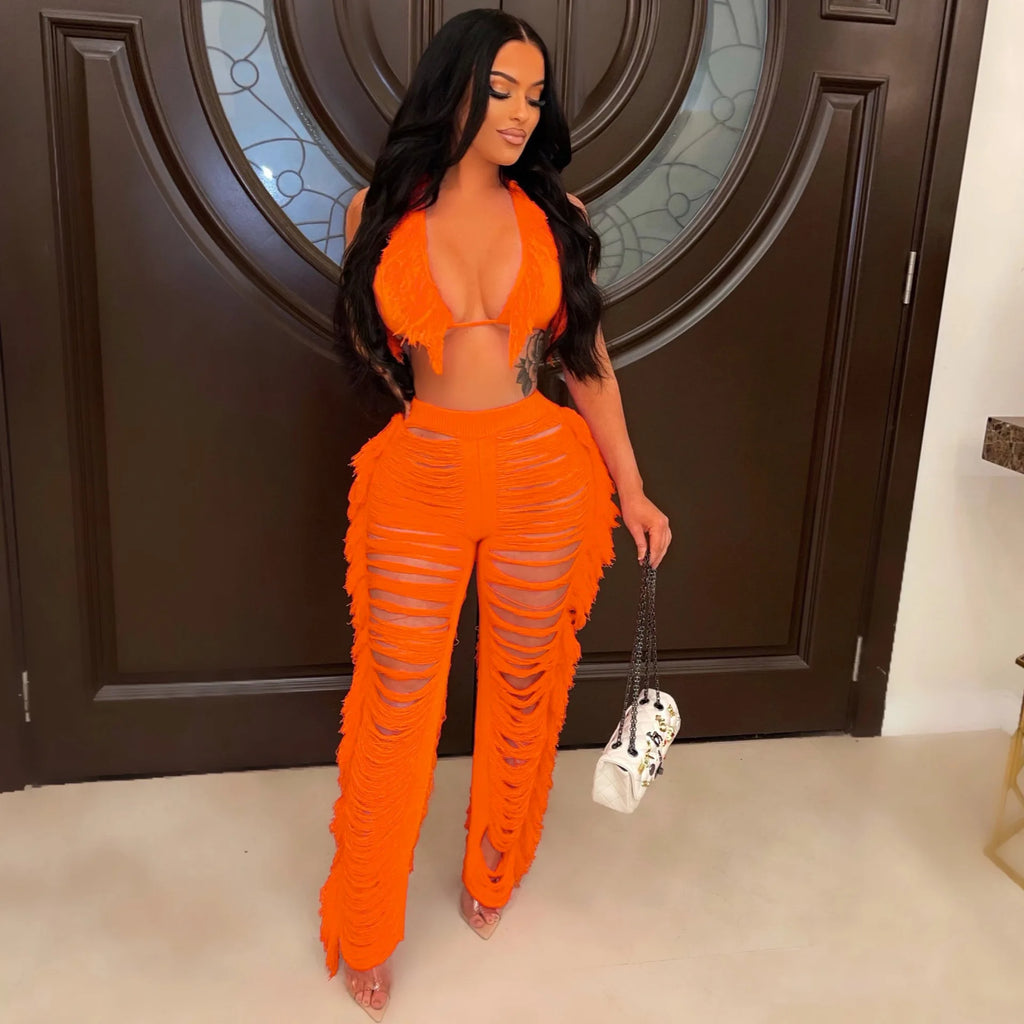 Sexy Women 2025 Knitted Set Two Piece Set Halter Backless Bra Crop Top Pants Crocheted 2 Pieces Set Hollow Out Crochet Beach Set