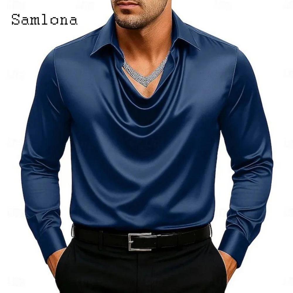 Men Long Sleeves Notched Shirt Clothing 2025 European Fashion Basic Top Solid Silver Gold Blouse Mens Casual V-neck Shirts Homme