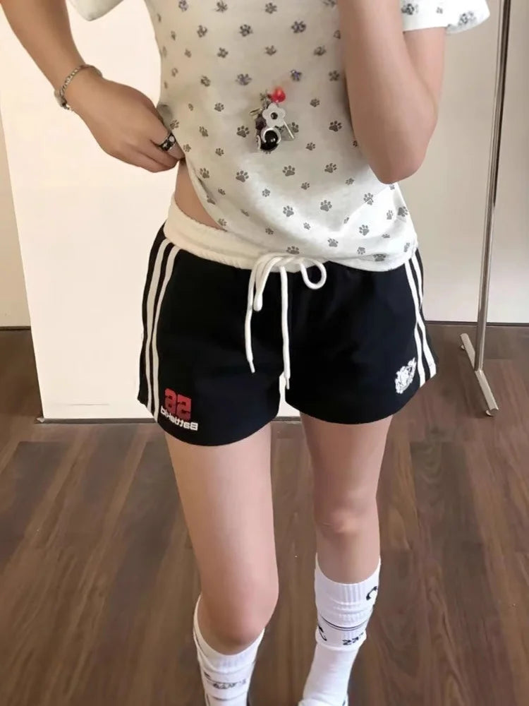 Casual Spicy Girl Striped Printed Drawstring Loose Shorts for Women, Korean Casual Versatile High Waisted Hot Pants for Summer