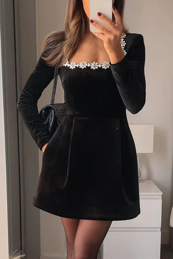 European and American Temperament Square Collar Diamond Setting Velvet Dress, Women's Spring Solid Color Long Sleeve Short Dress