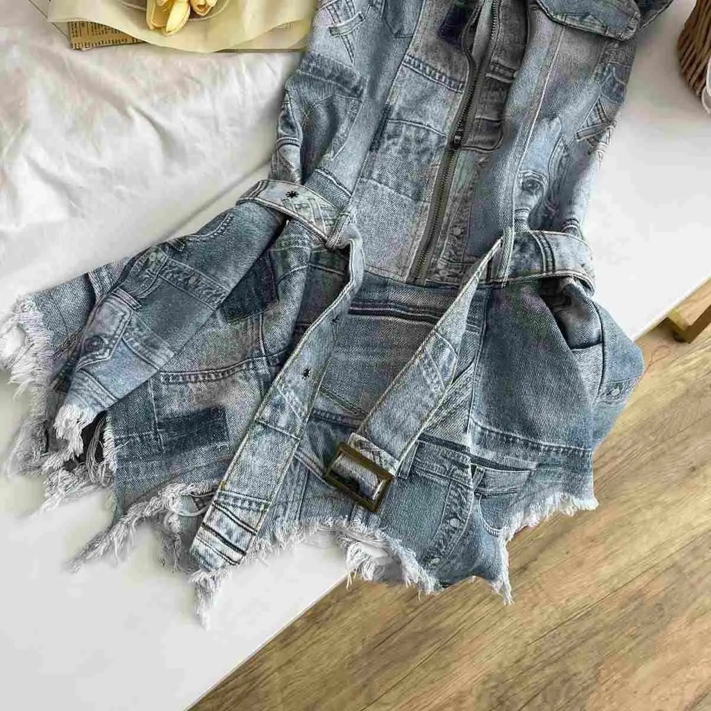 American Denim Waist-cinching Halter Neck Backless Sexy Casual Dress for Women, Distressed Retro Spliced Short Skirt