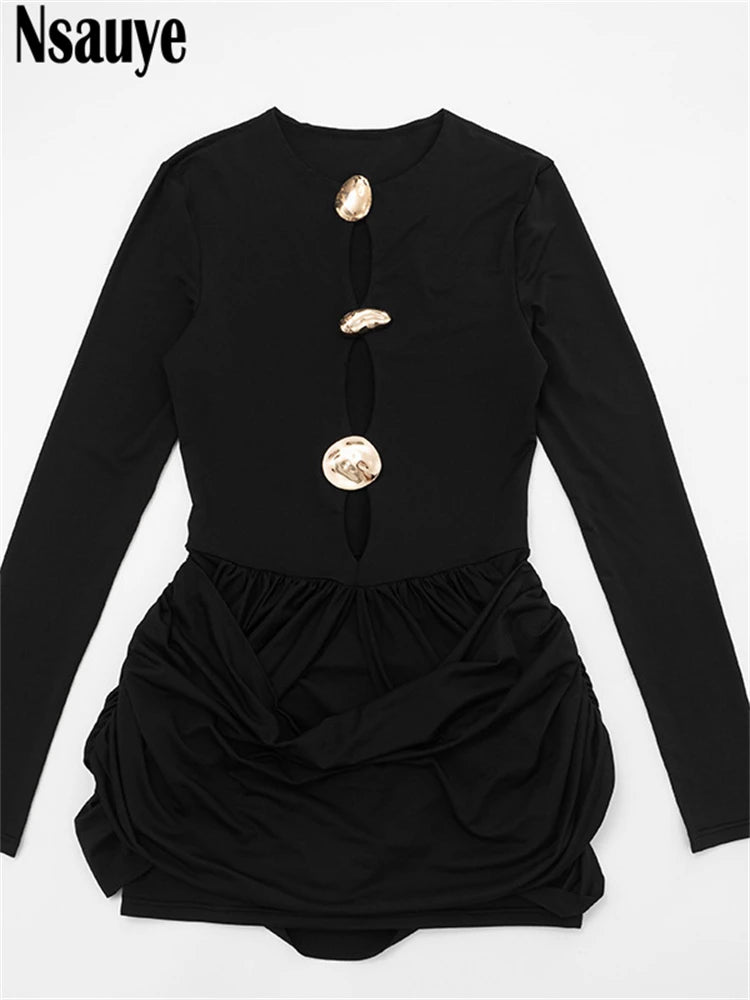 Nsauye Autumn Winter Women 2025 Sexy Night Club Mini Wrap Hollow Out Party Dress Fashion Elegant Evening Short Dress Long Sleeve