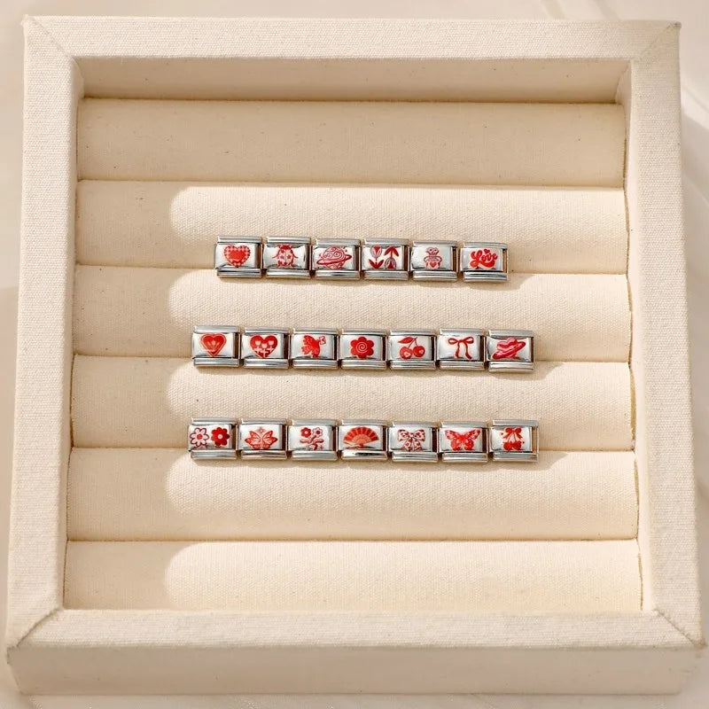 Fashion Red Series Heart Flower Bowknot Cherry Women Men Charm Link fit 9mm Stainless Steel Italian Bracelet Making DIY Jewelry