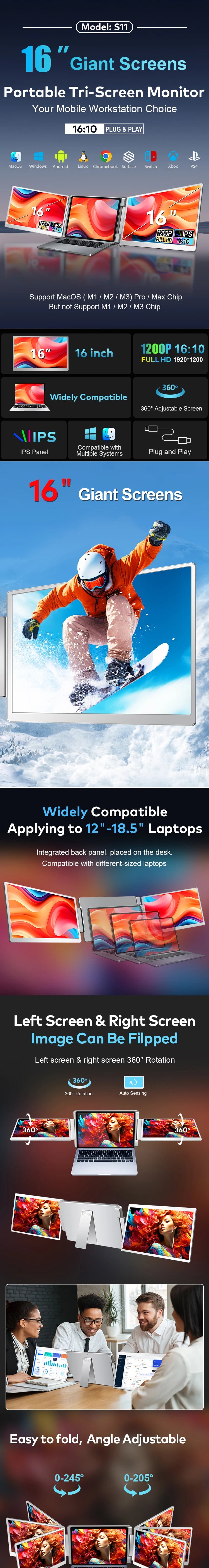 2026 Foldable Monitor 16 Inch 1200P Screen Monitor PC Extension Screen Plug & Play Laptop Dual Monitor for Windows & MacOS