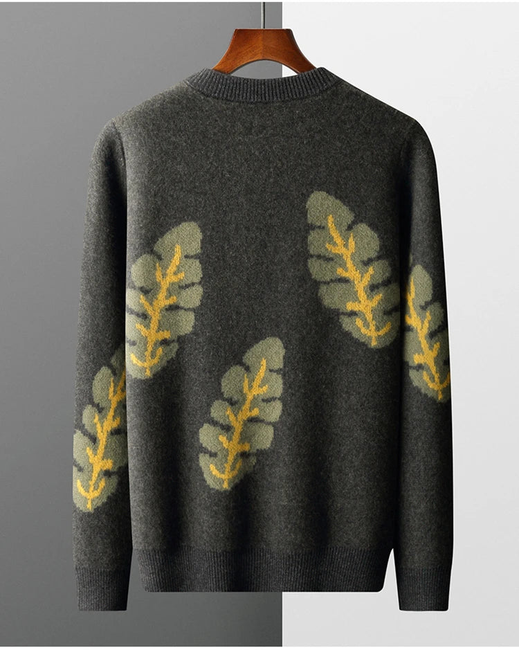 Jacquard Autumn Winter New Cashmere Sweater Men's Round Neck Pullover 100% Merino Wool Knitted Casual Fashion Retro Thicken Top