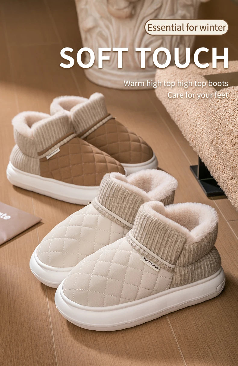 Winter Warm Snow Boots Unisex Thick Platform 4.0CM Quilted Plush Lined Non-Slip Indoor Outdoor Casual Cotton Shoes