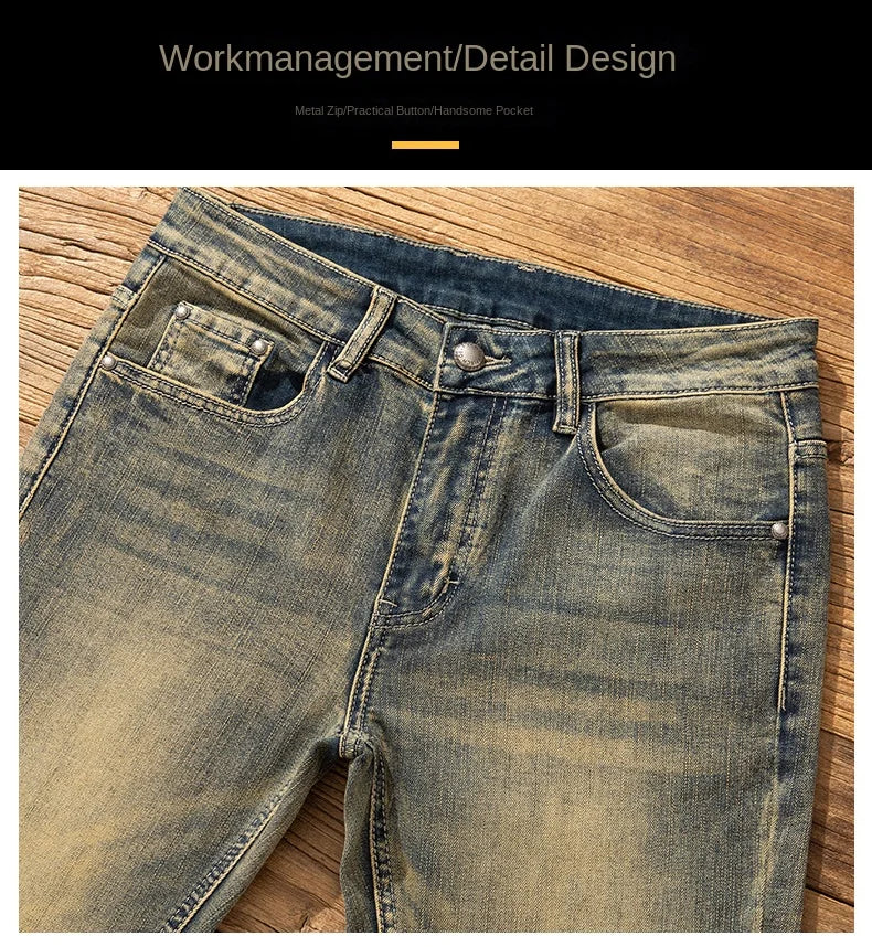 2026 European Trendy Brand Yellow Mud Jeans Men's Retro Old Slim Fit Fashion Long Pants Autumn and Winter Thick Pants