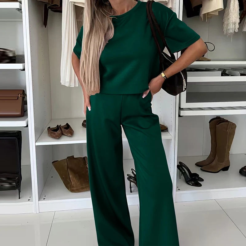 Women Fashion Simple Solid 2 Piece Sets Elegant O-neck Pullover Tops & Long Pant Suits Casual Short Sleeve Loose Summer Outfits