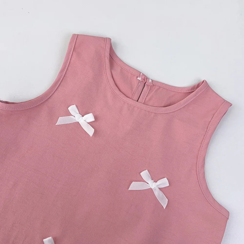 Black Bow Decoration Girls Dress Summer Sleeveless Princess Dresses Color Blocked Children's Clothing 3 To 7 Years Wear