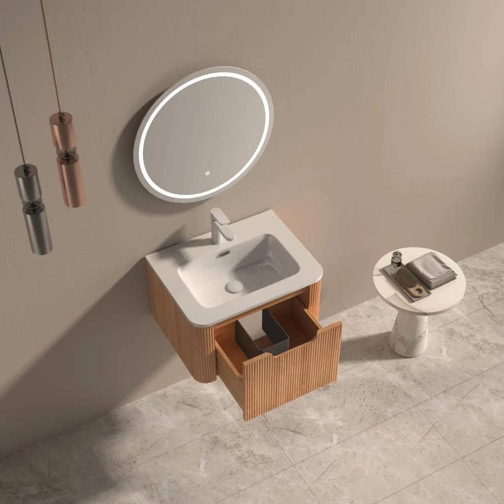 24'' Floating Bathroom Vanity with Sink, Wall Mounted Modern Bathroom Cabinet W/Curved Edges Stripes, Oak & Plywood,, Custom