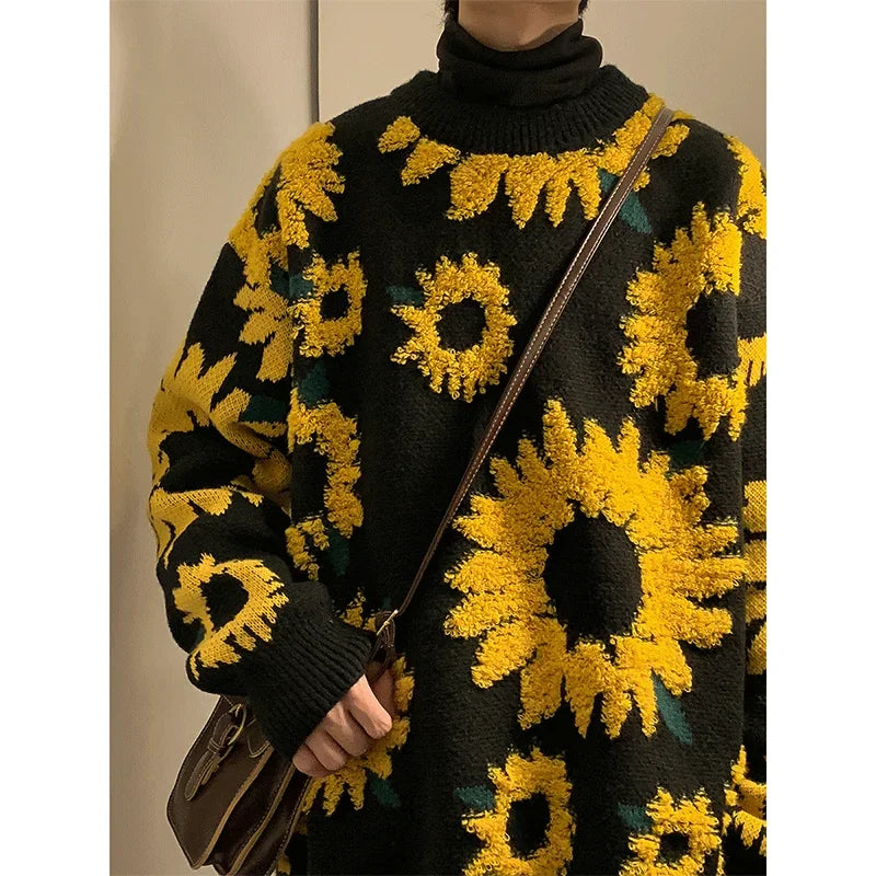 Flocking Floral Sweaters Men Baggy Spring Autumn Japanese Style Retro   High Street Harajuku Knitwear Slouchy Ins