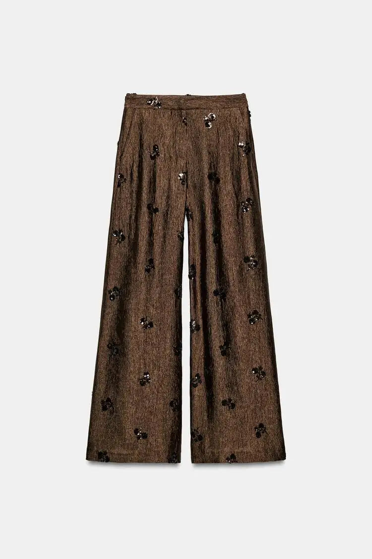 Fashion Floral Sequin 2-piece Outfit Women Tie Waist Wrap Sleeveless Top Wide Leg Pants 2026 Summer Lady Commute Street Outfits
