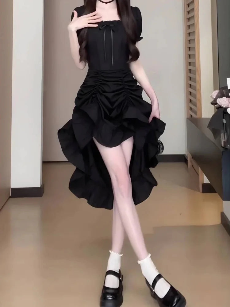 Sweet Pure Desire ort Skirt Summer Slimming Waistline Red Square Collar Long Dr Women's Faionable Versatile A-Line Dr
