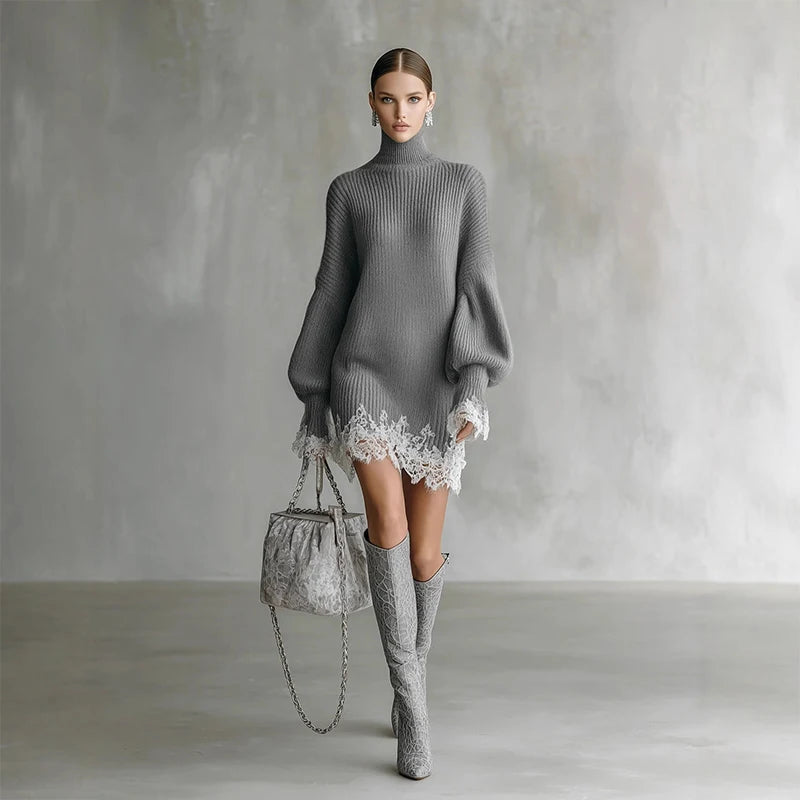 Elegant Women's Dress Stand Collar Full Sleeve Solid Lace Patchwork Knitted Female Dresses 2025 Winter Fashion Cozy Lady Robes