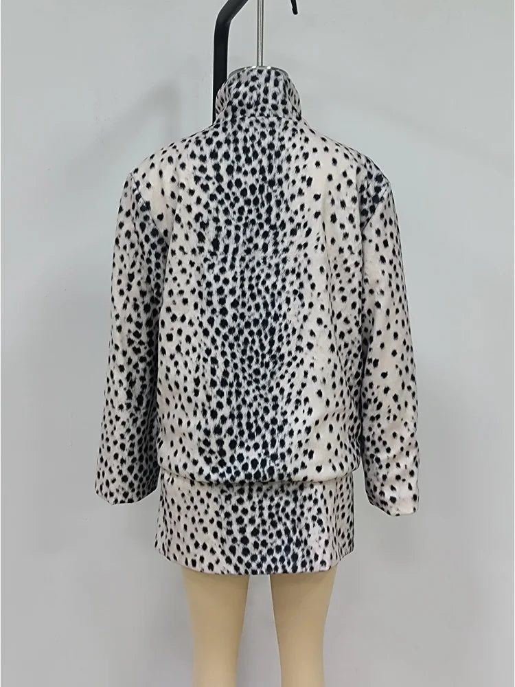 Women Leopard Print Faux Fur Jacket Zip Up Stand Collar Cropped Loose Fit Fuzzy Coat Vintage Street Casual Ladies Outerwear