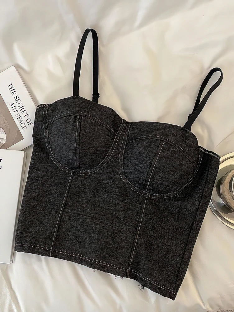 Denim Crop Top Camis Women Push Up Padded Bra Backless Sleeveless Sexy Corset Coquette Tube Top Seamless Underwear Thin Straps