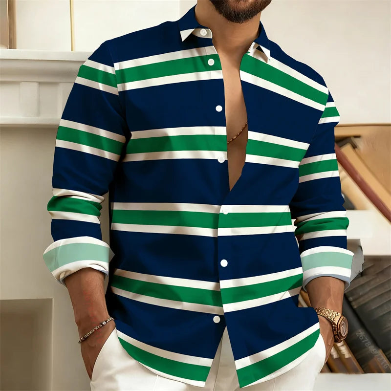 Men's Striped Long-Sleeved Shirt, Outdoor Street Style Casual Shirt for Men, Fashionable Lapel Men's Top, Comfortable Fabric.