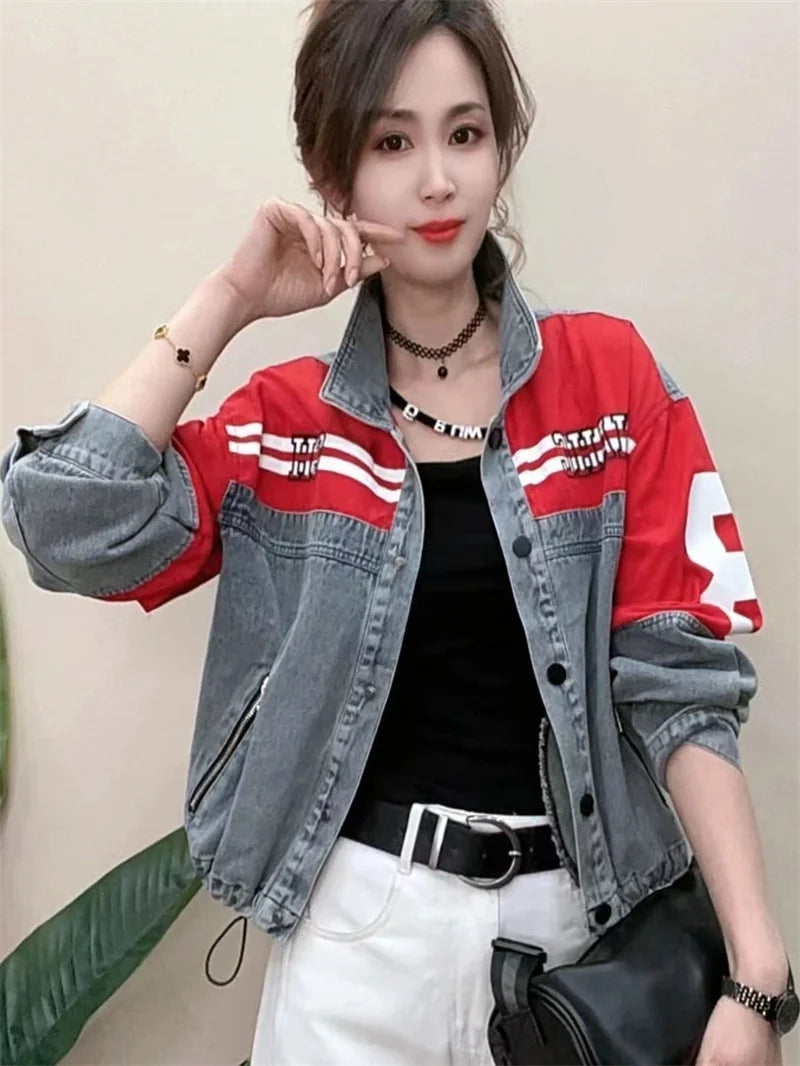 Denim Jacket Women's 2025Spring Autumn New European Fashion Cowboy Coat Female Trend Contrast Jeans Outwear Design Sense Outcoat