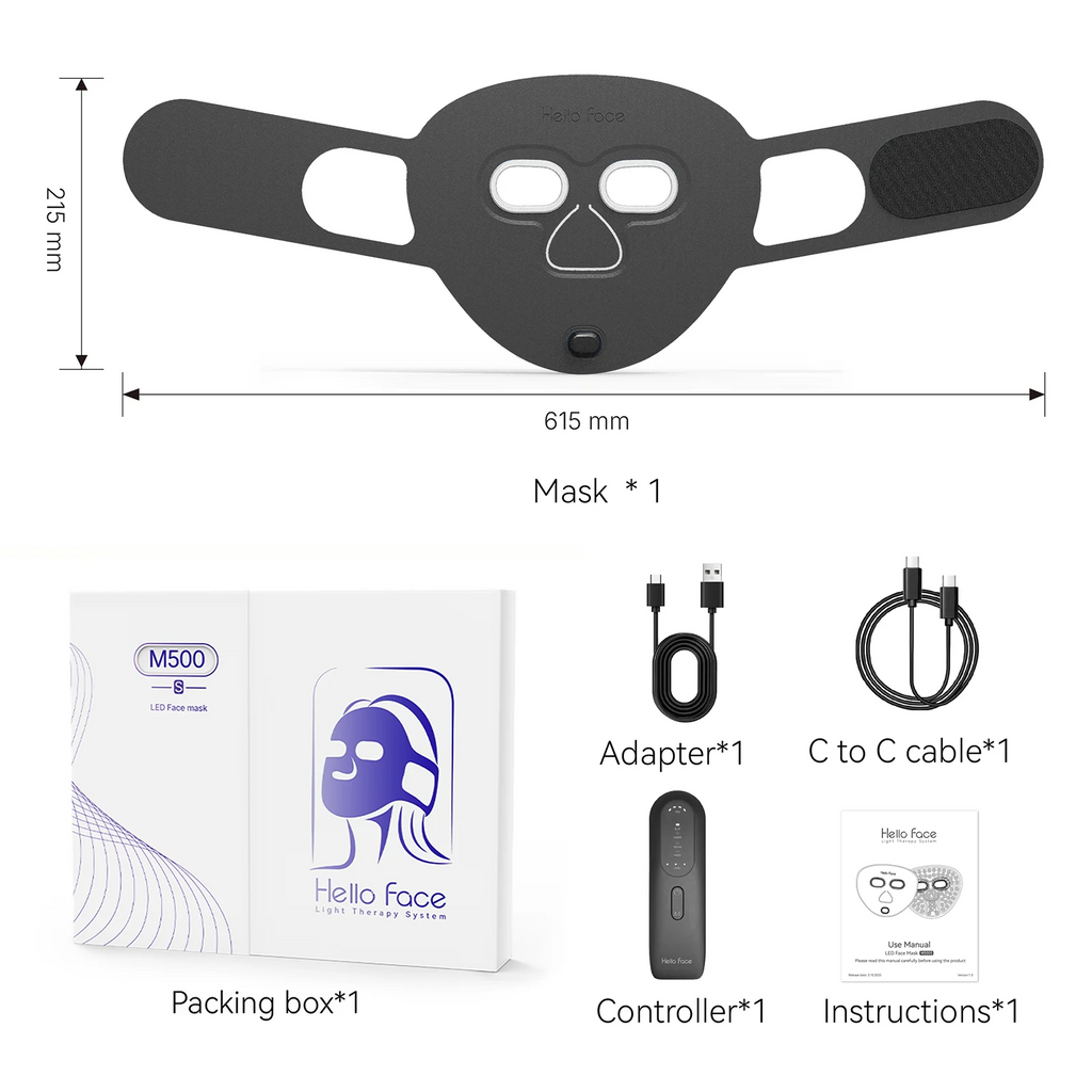 Hello Face M500S Black Wireless Face Black Mask Light Therapy 850nm Infrared & 660 nm Red Light Masks