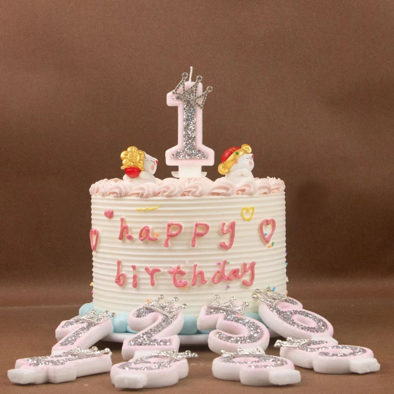Digital Candles 0-9 Pink Silver Rhinestone Crown Creative Cake Decorative Birthday Candles