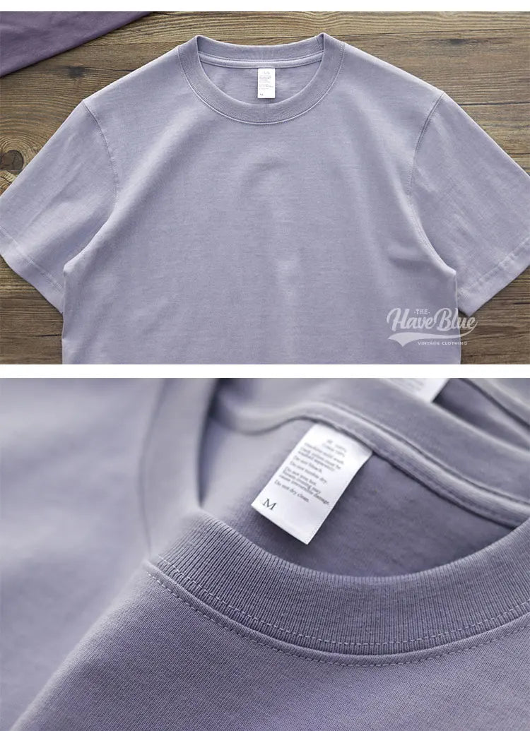 Have Blue Pure Cotton Base Shirt Solid Color T-Shirt American Retro Round Neck Short Sleeve Heavyweight T-Shirt for Men