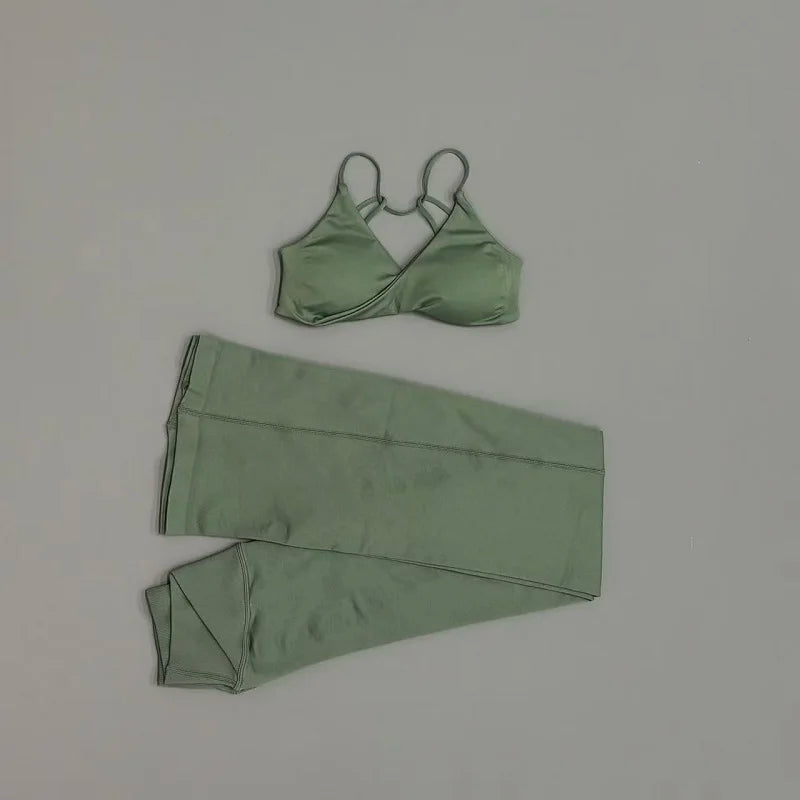 2Pcs Sports Set Women Seamless Front Tie Crossover Bra Crossover Waist Flare Leggings Sets Gym Fitness Workout Sports Sets