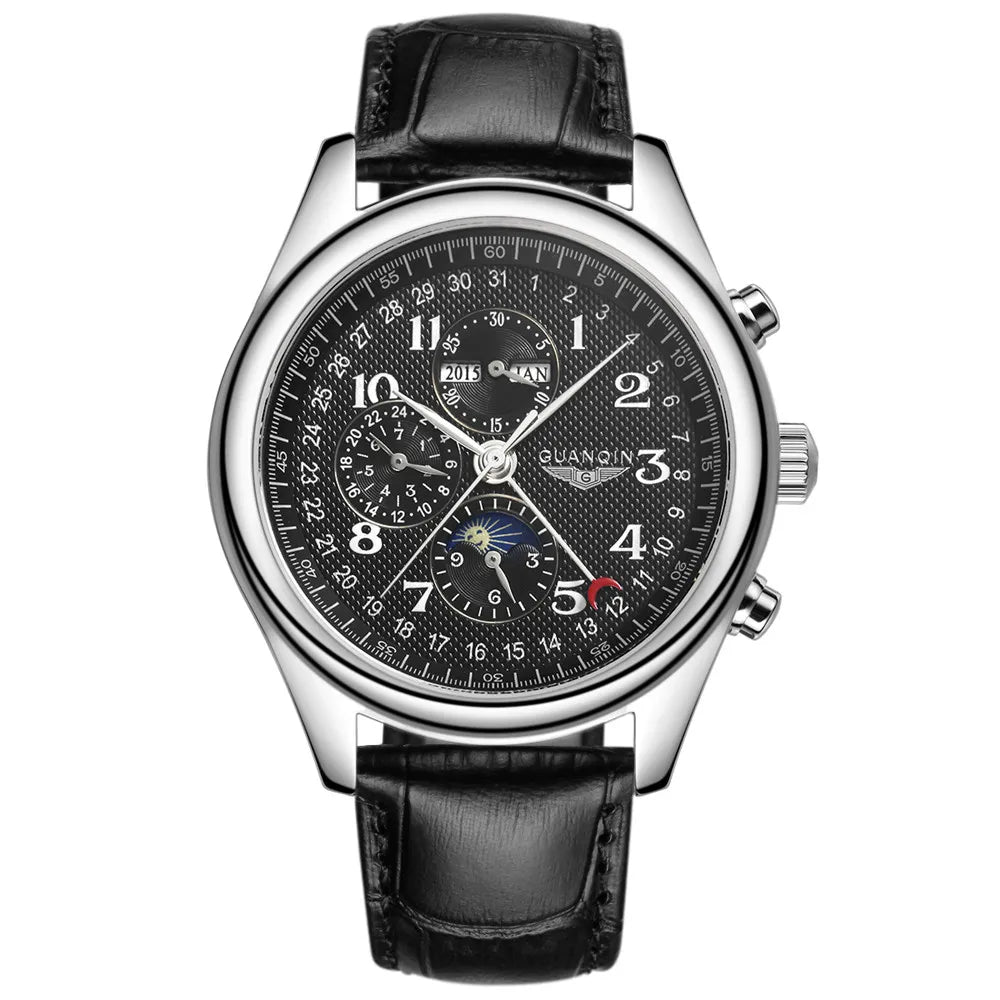 GUANQIN Leather Steel Mechanical Sapphire Men Watches Top Brand Luxury Waterproof Automatic Wristwatch Calendar Moon Phase
