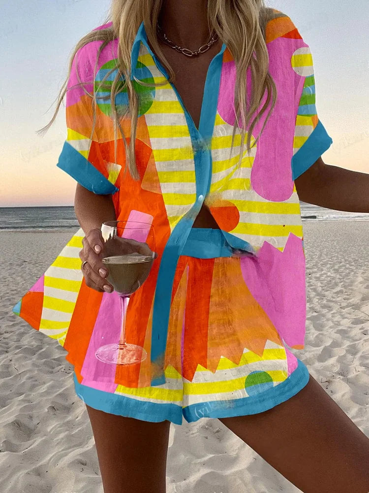 Fashion Women's Beach Holiday 2-Piece Suit Summer Print Short Sleeve Shirt Wide Legs Short Loose Two-Piece Sets Women Outfit