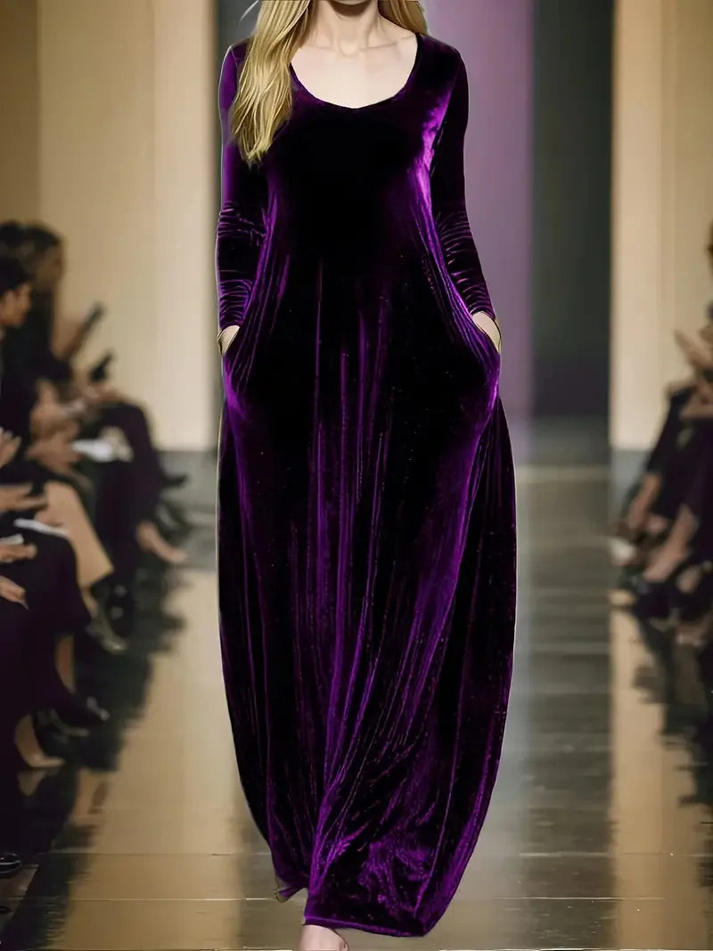 2026 Fall/Winter Velvet Long Dress – Round Neck, Long Sleeves, Floor-Length, Elegant Velvet Evening Gown