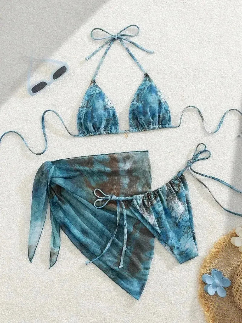 New Women's Retro Floral Print Apron Style Bikini Set 3 Piece High Waisted Tie Side Swimsuit Beach Vacation Swimsuit Biquine