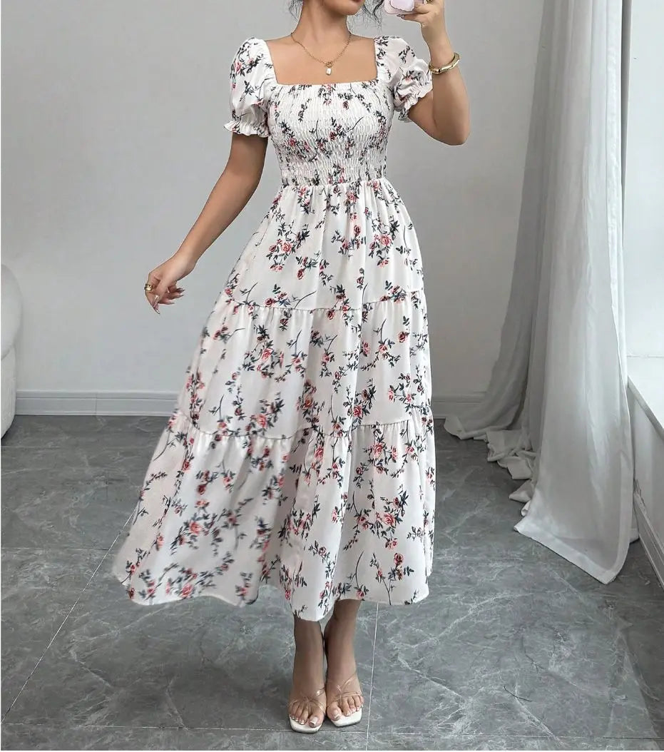 Spring and Autumn Women's Square Neck Short Sleeve Long Skirt Fresh Printed Casual Fashion Slight Backless Temperament Dress