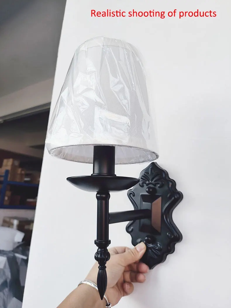 American Black Iron Wall Lamp Retro Living Room Bedroom Bedside Hotel European Countryside Study E14 Fabric Wall Light Sconce