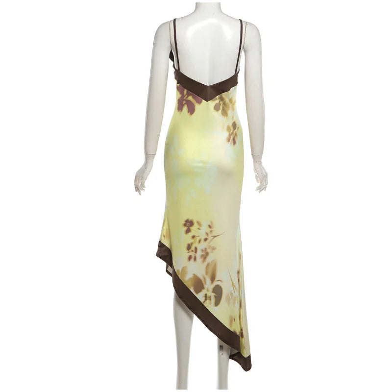 Yellow Brown Tie-Dye Midi Dress Print Halter Neck Open Back Asymmetric Hem Chiffon Dresses 2026 Party Women Fashion Chic Outfit